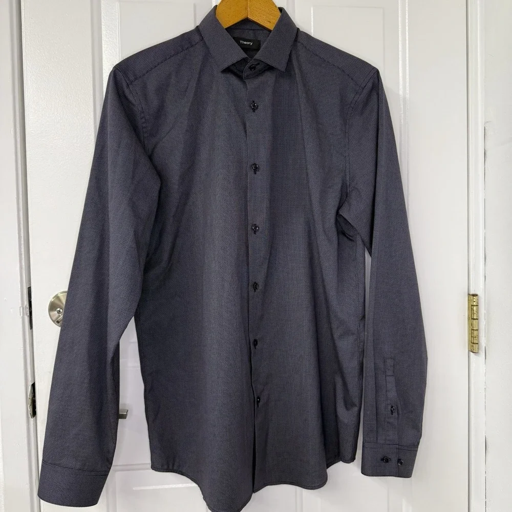 Theory Black‎ Mini Check Long Sleeve Shirt Men's 15.5 Regular/Size Medium